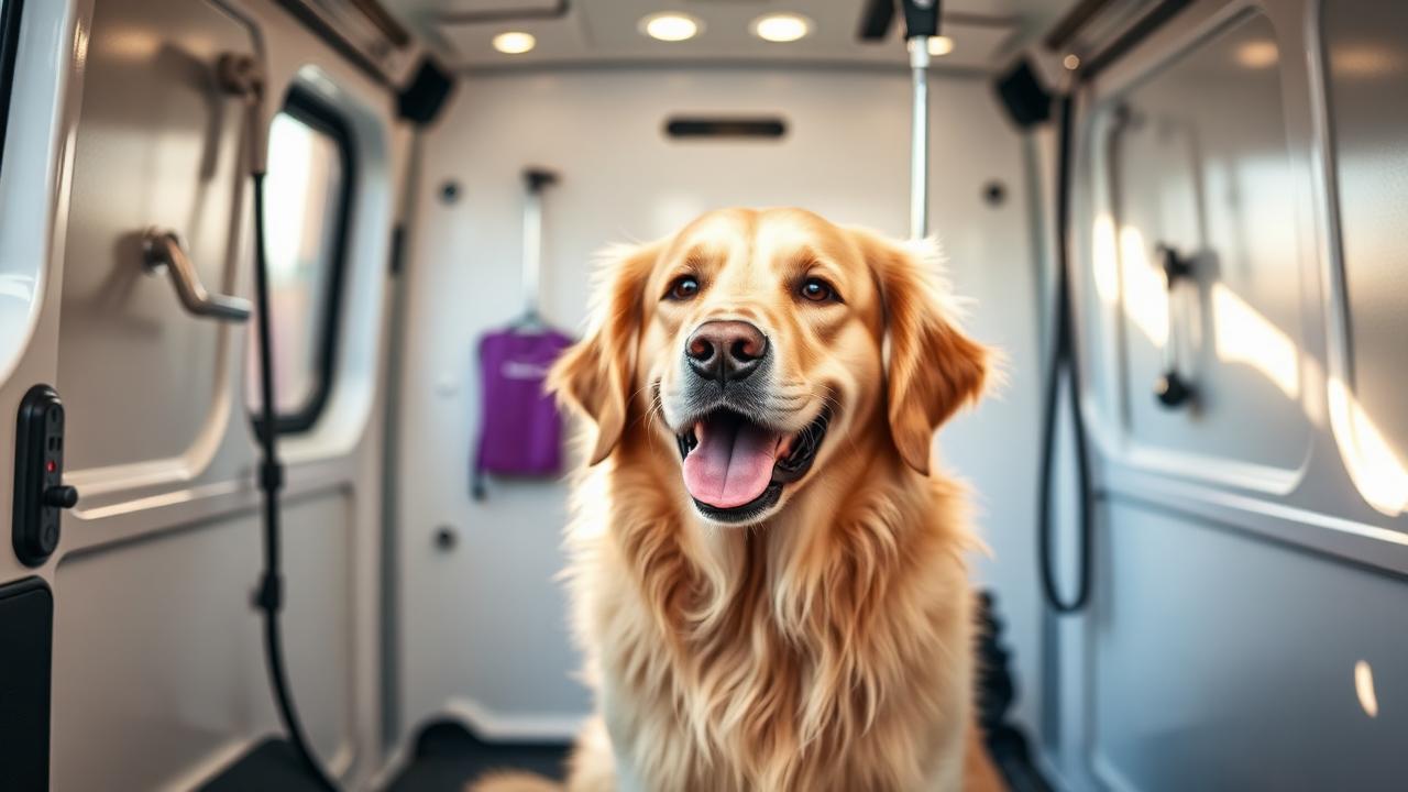 Happy golden retriever being groomed inside the Companion Cut's mobile grooming salon